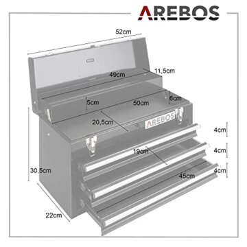 Arebos Werkzeugkoffer mit 3 Schubladen & 2 Ablagefächern | inkl. Tragegriff & Schnappverschlüssen | Einrastfunktion | Antirutschmatten | Schwarz - 7