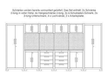 KrofTools ToolsDE Werkstatteinrichtung Set mit Schubladen 16-TLG ca. 395x50x200 cm,Werkbank,Werkzeugschrank,Werkzeugwand - Modulares Werkbank Holzarbeitsplatte inkl. Rückwand 8680SET (Set2),2000,Grau - 2