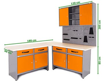 Ondis24 Werkstatt Set Ecklösung Iconic One, Werkbank, 180 cm Holzarbeitsplatte, Werkzeugschrank, Werkzeugwand Lochwand, Haken Set, Metall - 2