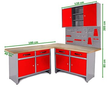 Ondis24 Werkstatt Set Ecklösung Iconic One, Werkbank, 180 cm Holzarbeitsplatte, Werkzeugschrank, Werkzeugwand Lochwand, Haken Set, Metall - 2