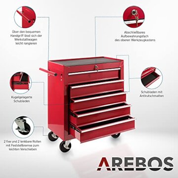 Arebos Werkstattwagen 5 Fächer | zentral abschließbar | inkl. Antirutschmatten | kugelgelagerte Schubladen | 2 Rollen mit Feststellbremse | Rot - 4