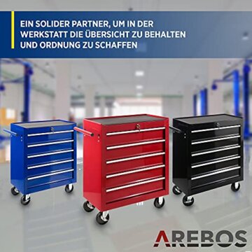 Arebos Werkstattwagen 5 Fächer | zentral abschließbar | inkl. Antirutschmatten | kugelgelagerte Schubladen | 2 Rollen mit Feststellbremse | Rot - 6