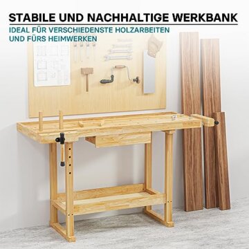 Wiltec Werkbank 151 x 61,5 x 86 cm aus Holz, Werktisch aus Rubberwood, Hobelbank bis 150 kg belastbar, Werkzeugbank mit Schublade und Spannzangen - 2