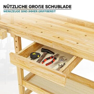 Wiltec Werkbank 151 x 61,5 x 86 cm aus Holz, Werktisch aus Rubberwood, Hobelbank bis 150 kg belastbar, Werkzeugbank mit Schublade und Spannzangen - 4