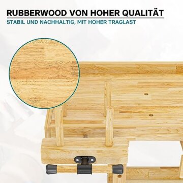 Wiltec Werkbank 151 x 61,5 x 86 cm aus Holz, Werktisch aus Rubberwood, Hobelbank bis 150 kg belastbar, Werkzeugbank mit Schublade und Spannzangen - 5