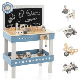 DREAMADE Werkbank Kinder, Werkzeugbank für Kinder aus Holz mit 61 Zubehör, Werkzeug Spielzeug Set mit Tafel & Uhr & Werkzeughalter, Werkbank für Kinder ab 3 Jahren (Blau) - 1