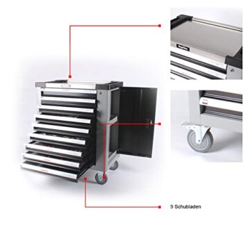 Mephisto Werkzeugwagen Werkstattwagen mit 9 Schubladen Davon 9 Schubladen mit Werkzeug wie Schraubenschlüssel, Ratsche mit Nusskasten, Engländern usw. in Soft Inlays in Carbonoptik gefüllt - 5