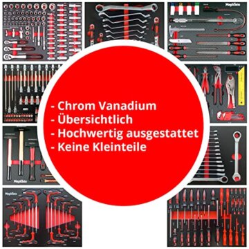 Mephisto Werkzeugwagen Werkstattwagen mit 9 Schubladen Davon 9 Schubladen mit Werkzeug wie Schraubenschlüssel, Ratsche mit Nusskasten, Engländern usw. in Soft Inlays in Carbonoptik gefüllt - 6