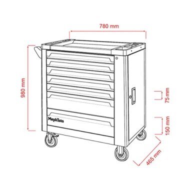 Mephisto XXL Werkzeugwagen Werkstattwagen mit 7 Schubladen Davon 7 mit Werkzeug in Soft Inlays in Carbonoptik gefüllte Schubladen zzgl. zusätzlicher Einlage mit Rollgabelschlüssel - 7