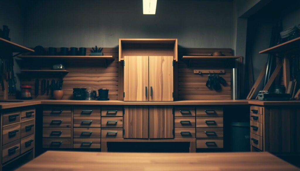Werkbank mit Schubladen und Hängeschrank Werkbank mit Schubladen und Hängeschrank